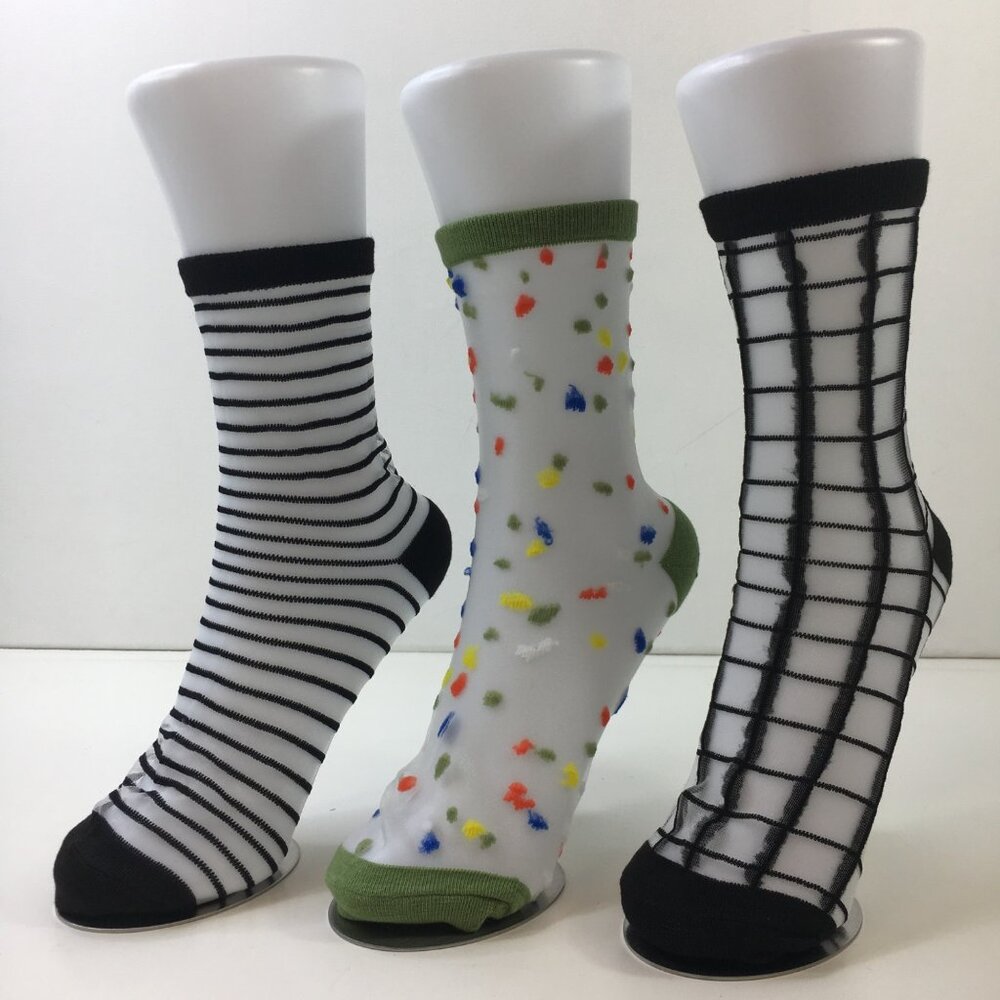 Womens Sheer Transparent Patterned Socks 3 Pack Stripe Dots Grid Fun Cool Prints